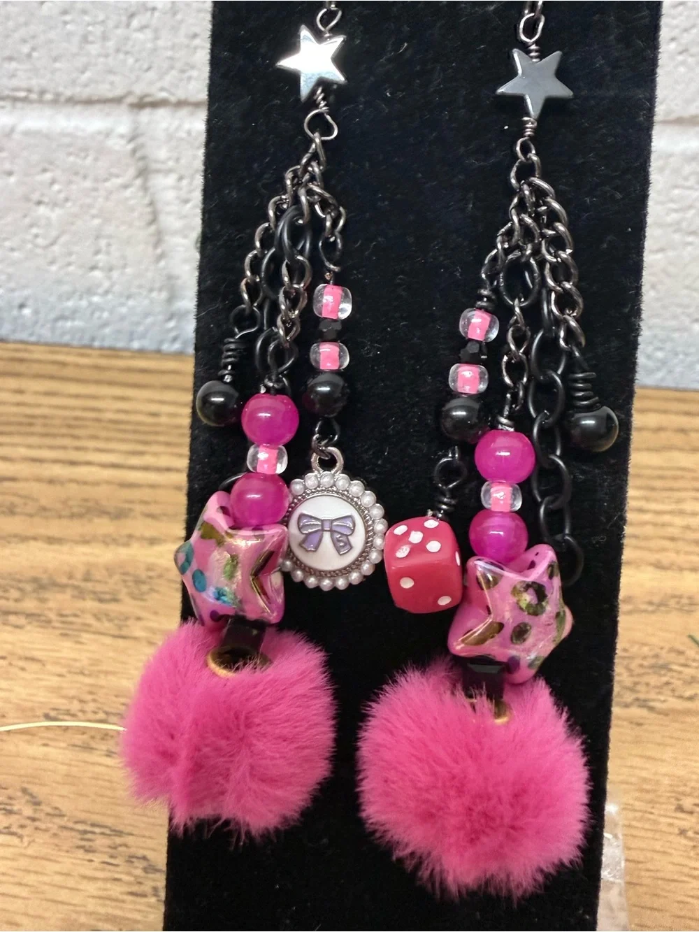 Handmade Y2K Hot Pink Fuzzy Pom Pom Dangle Earrings | Whimsigoth Emo Alt Goth